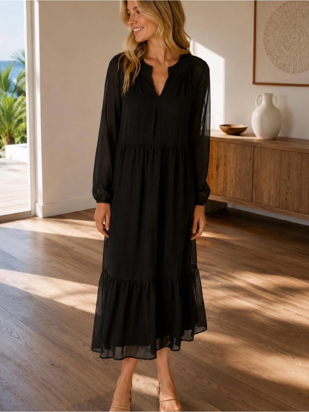 Soft Surroundings Olga Tiered Midi Dress Black Sheer-Sleeve Boho Minimalist Fall